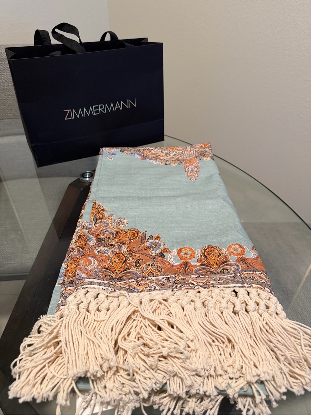 Zimmermann Light Blue & Orange Paisley Fringe Wrap